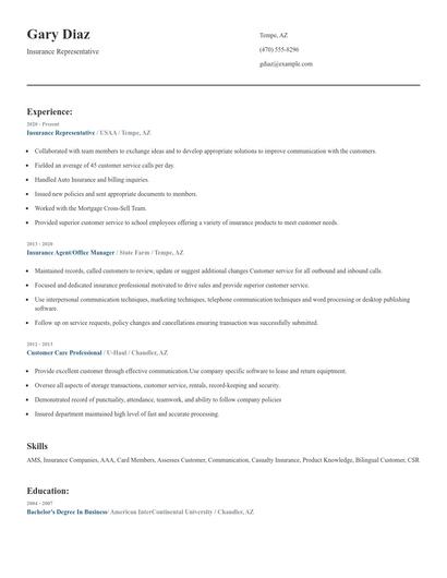 Insurance Representative Resume