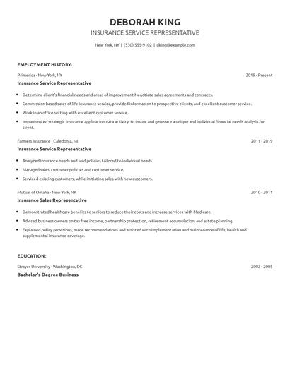 Insurance Service Representative Resume