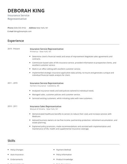 Insurance Service Representative Resume