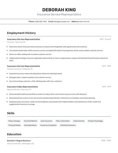 Insurance Service Representative Resume