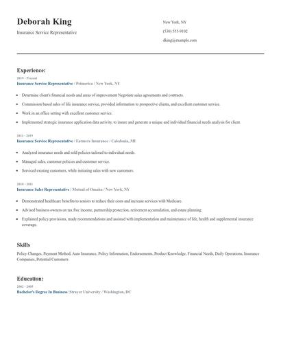 Insurance Service Representative Resume