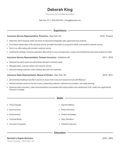 Insurance Service Representative Resume