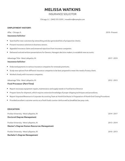 Insurance Solicitor Resume