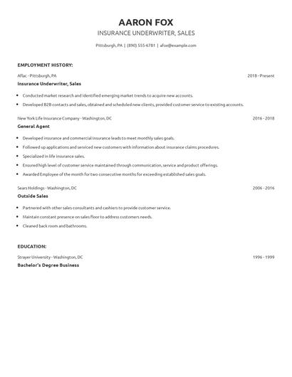 Insurance Underwriter, Sales Resume
