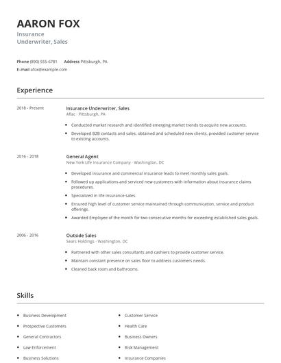 Insurance Underwriter, Sales Resume
