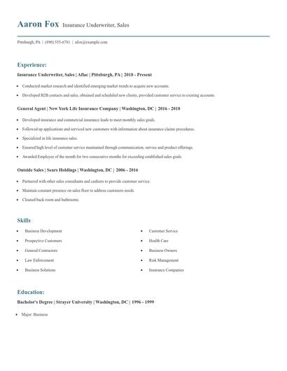 Insurance Underwriter, Sales Resume