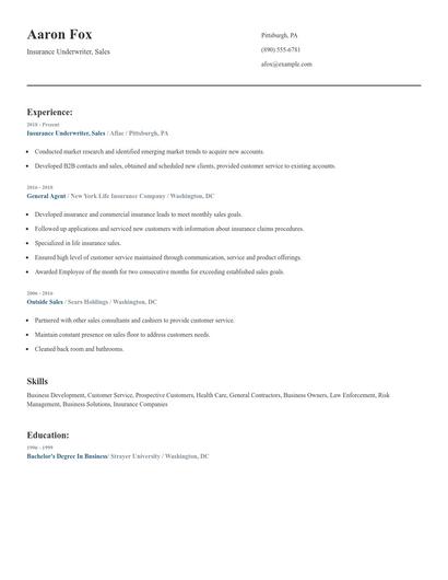 Insurance Underwriter, Sales Resume