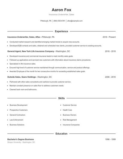 Insurance Underwriter, Sales Resume