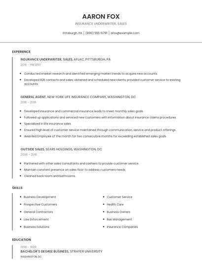 Insurance Underwriter, Sales Resume