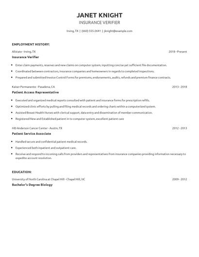 Insurance Verifier Resume