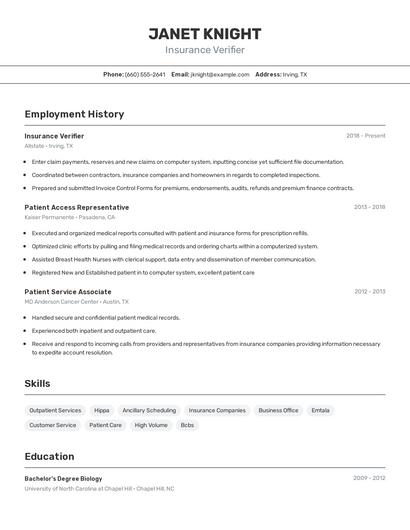 Insurance Verifier Resume