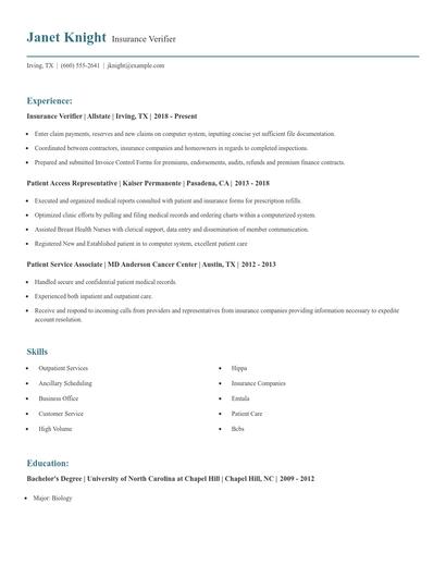 Insurance Verifier Resume