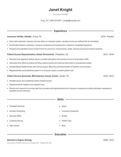 Insurance Verifier Resume