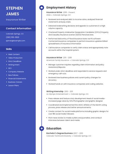 Insurance Writer Resume