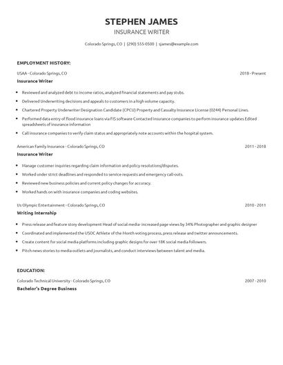 Insurance Writer Resume