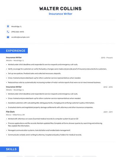 Insurance Writer Resume