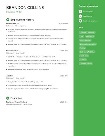 Insurance Writer Resume