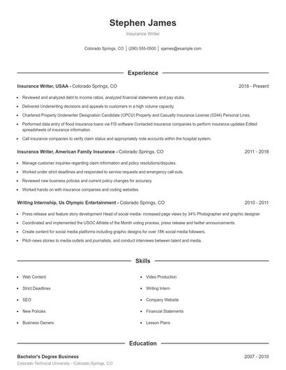 Insurance Writer Resume
