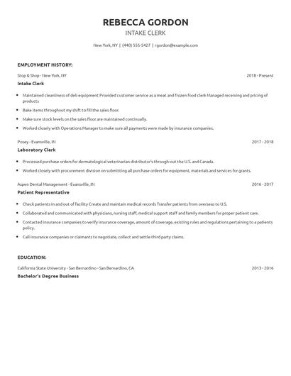 Intake Clerk Resume