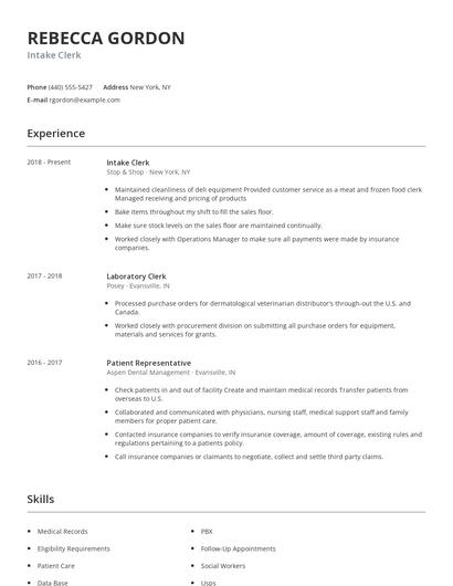 Intake Clerk Resume