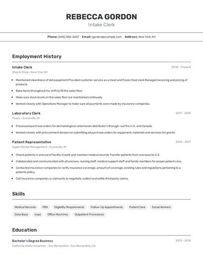 Intake Clerk Resume