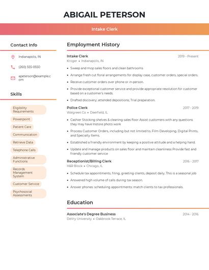 Intake Clerk Resume