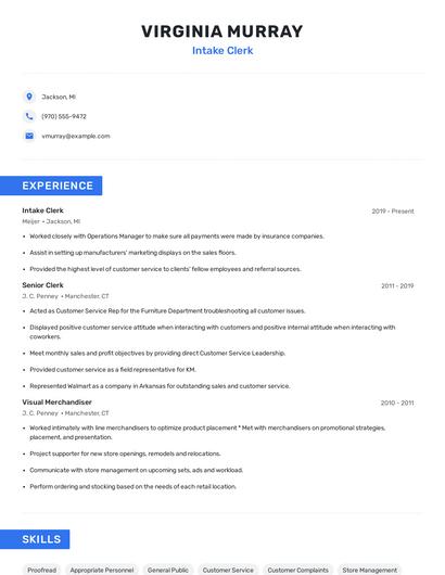 Intake Clerk Resume