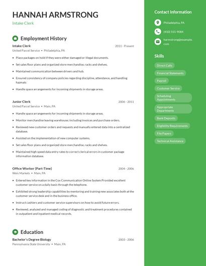 Intake Clerk Resume