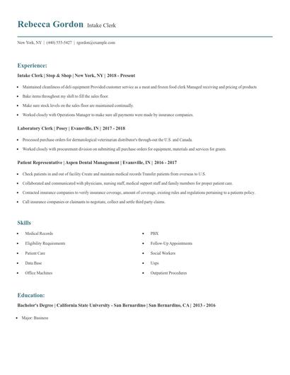 Intake Clerk Resume