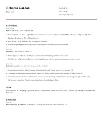 Intake Clerk Resume