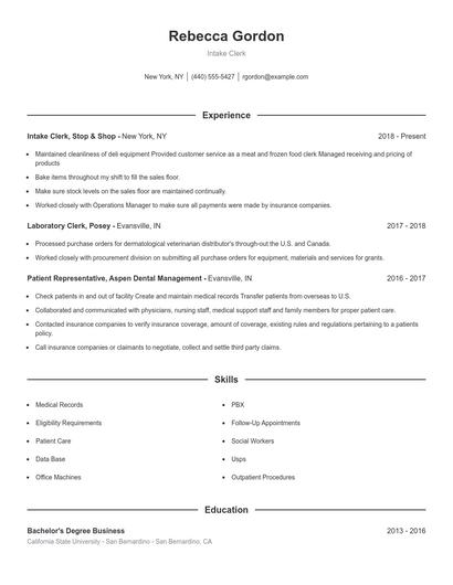 Intake Clerk Resume
