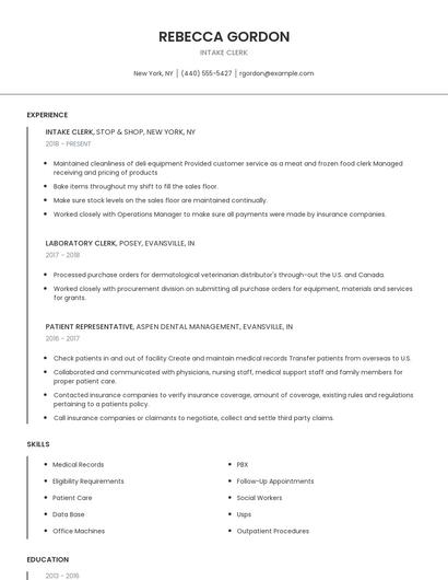 Intake Clerk Resume