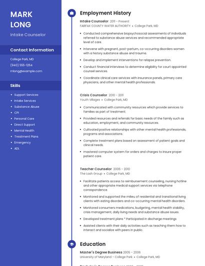 Intake Counselor Resume