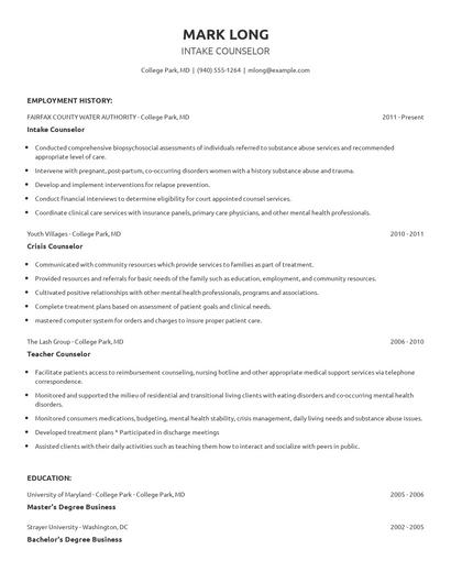Intake Counselor Resume
