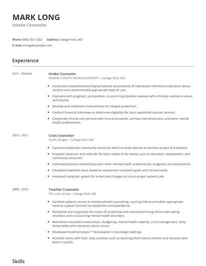 Intake Counselor Resume