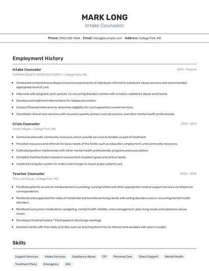 Intake Counselor Resume