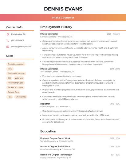 Intake Counselor Resume