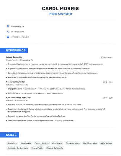 Intake Counselor Resume