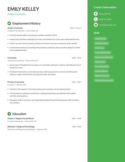Intake Counselor Resume