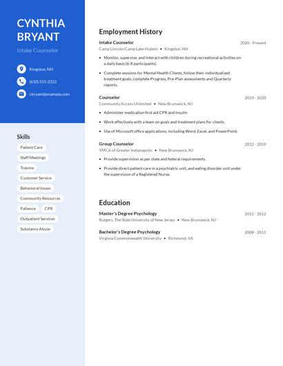 Intake Counselor Resume