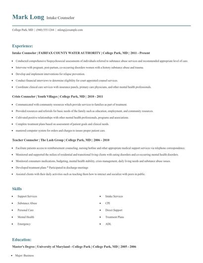 Intake Counselor Resume