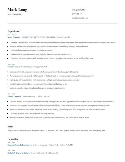 Intake Counselor Resume