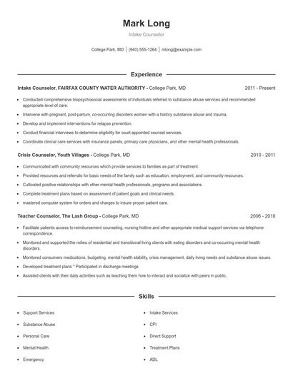 Intake Counselor Resume