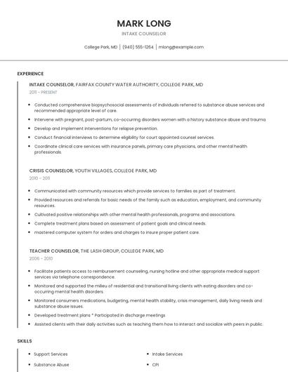Intake Counselor Resume