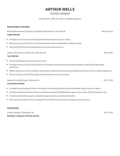 Intake Worker Resume