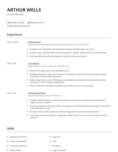 Intake Worker Resume