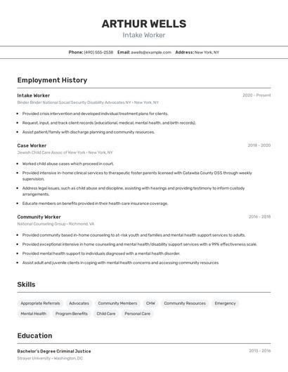 Intake Worker Resume