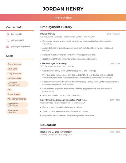 Intake Worker Resume
