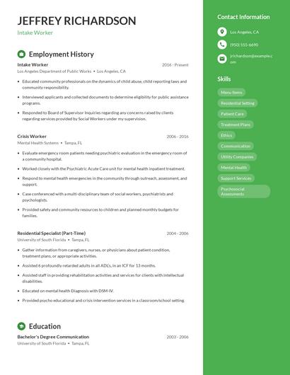 Intake Worker Resume