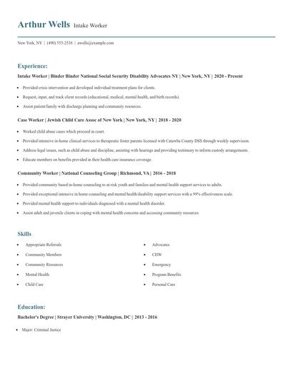 Intake Worker Resume